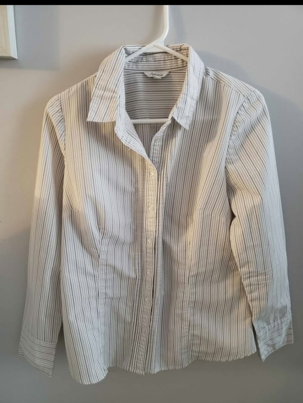 Reitmans White Blouse with Thin Navy Stripes